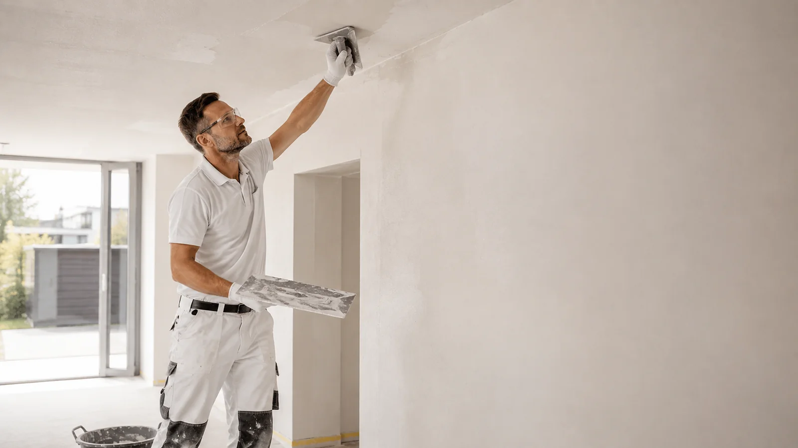 Stukadoor die een plafond afwerkt.