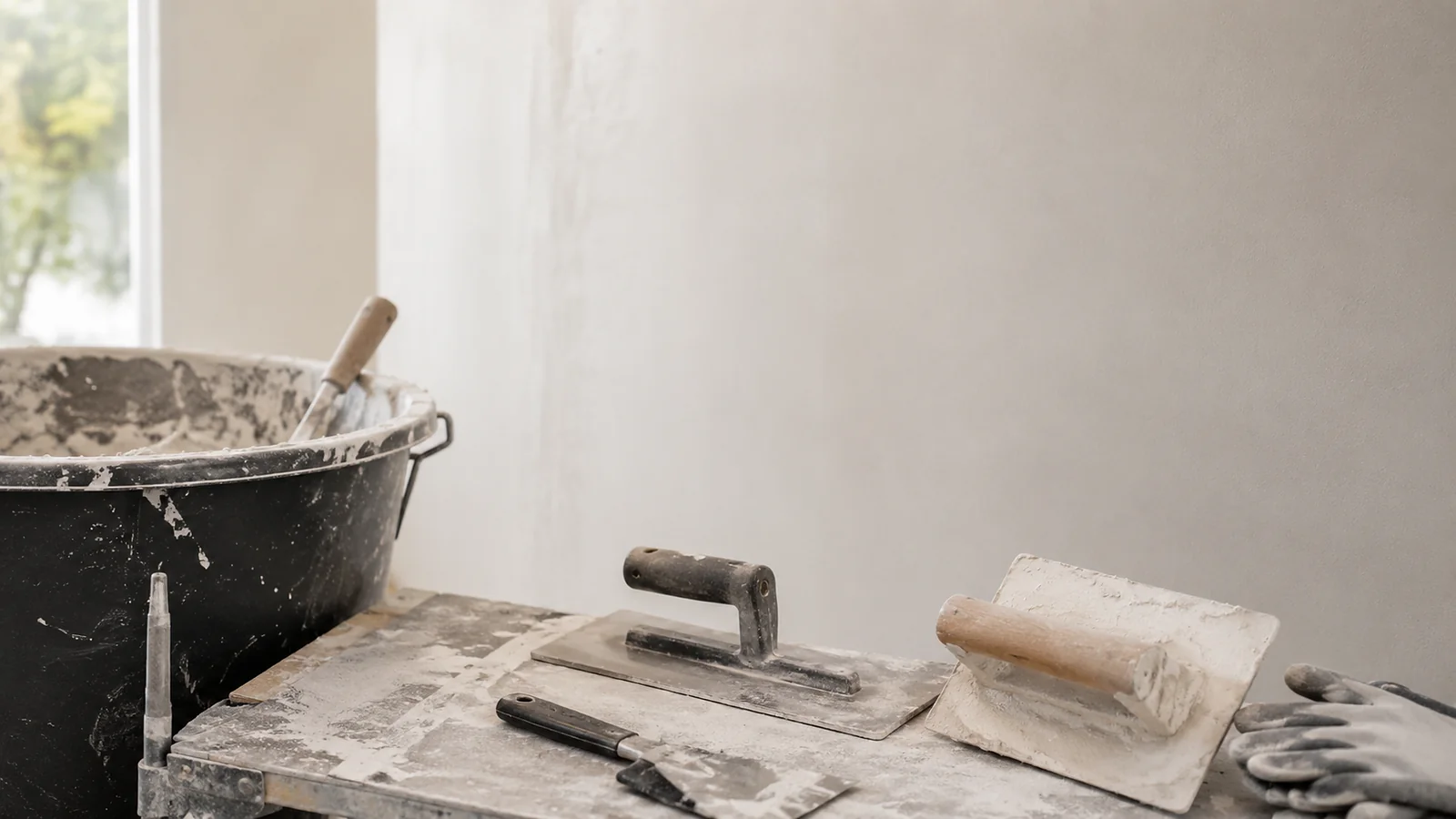 Spaan, troffel en ander stukadoorsgereedschap bij een afgewerkte wand.