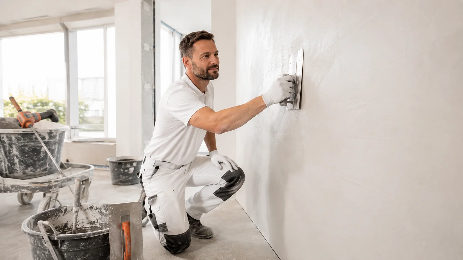 Stukadoor tijdens renovatiewerk aan een binnenwand.
