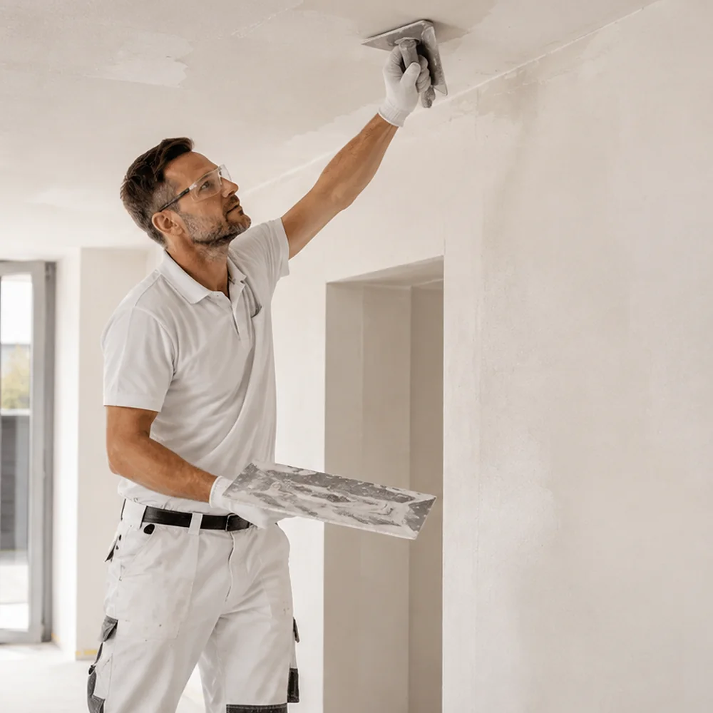 Stukadoor die een plafond afwerkt.