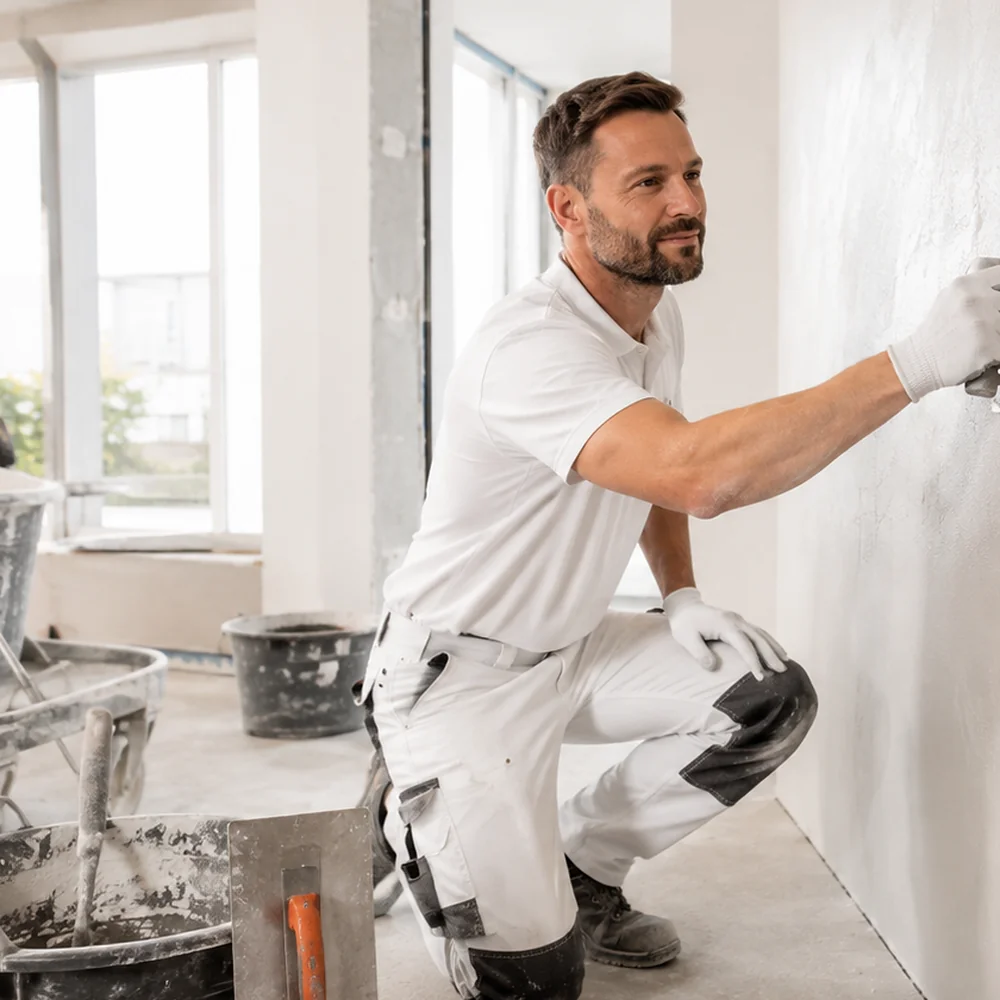 Stukadoor tijdens renovatiewerk aan een binnenwand.